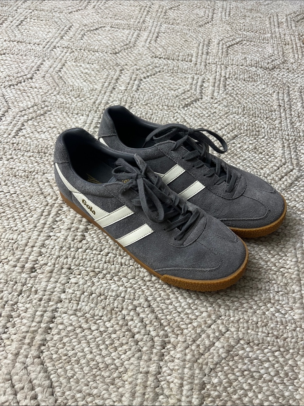 Gola Men's Suede Sneakers in Charcoal with White Stripes and Gum Sole